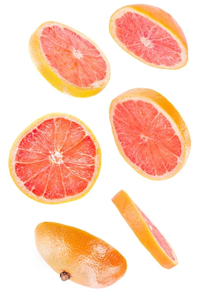 Creatief Concept Met Vliegende Grapefruit Gesneden Grapefruit Geïsoleerd Een Witte — Stockfoto