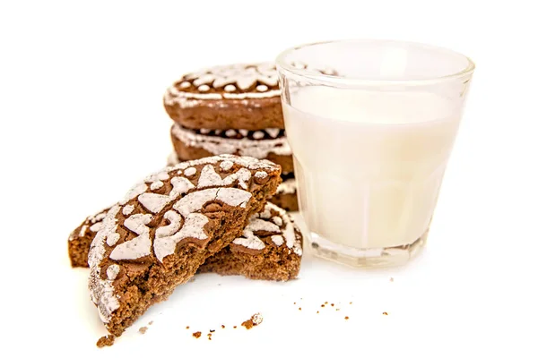 Pile Gingerbreads White Glazing Sun Shape Two Halves Glass Milk — Stock Photo, Image