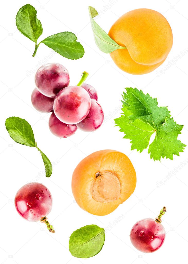 Creative concept with flying apricots and grapes with leaves. whole and halves of apricots and grapes with green leaves falling isolated on white background