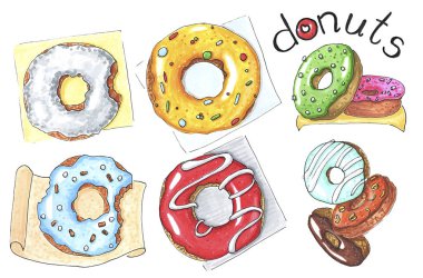 işaretleri ile yapılan beyaz çizilmiş illüstrasyon izole donuts kümesi