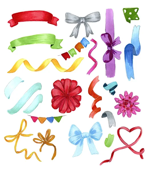 Set Colorful Birthday Bows Ribbons Isolated White Hand Drawn Illustration — Stock Photo, Image