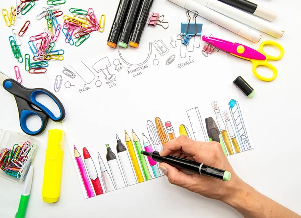 Volver Concepto Escolar Mujer Dibujo Mano Sobre Papel Blanco Papelería — Foto de Stock