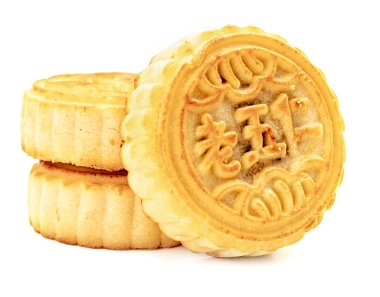 Sonbahar ortası festivali kavramı. Beyaz arka plan üzerinde izole çeşitli mooncakes yığını. Geleneksel Asya tatil sonbahar ortası festivali