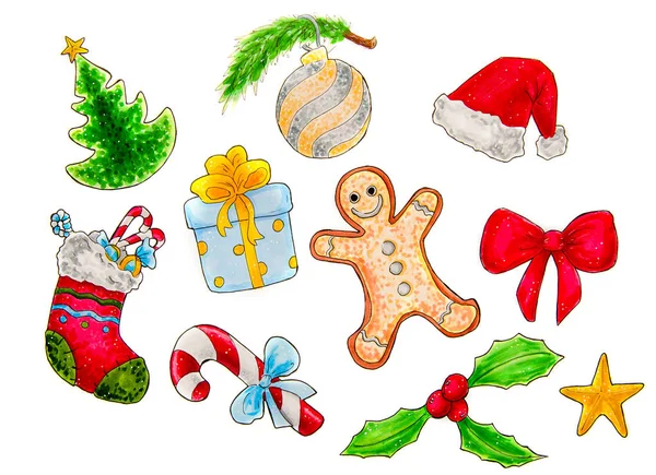 Conjunto navideño de símbolos o elementos decorativos aislados sobre ilustración blanca —  Fotos de Stock