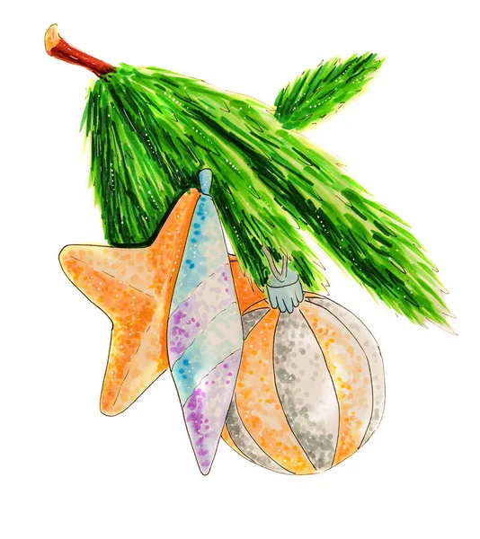 Rama de árbol de Navidad con decoraciones aisladas en ilustración dibujada a mano blanca —  Fotos de Stock