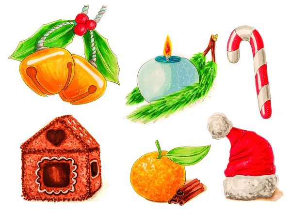 Ensemble de symboles ou d'éléments de décoration de Noël isolés sur une illustration blanche — Photo