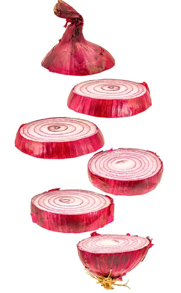Plastry Czerwonej Cebuli Latający Isolatedon Biały Crative Latający Warzyw — Zdjęcie stockowe