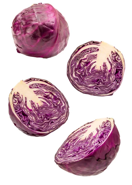 Red cabbage slices flying isolated on white background. Clipping Path. — Stock Photo, Image