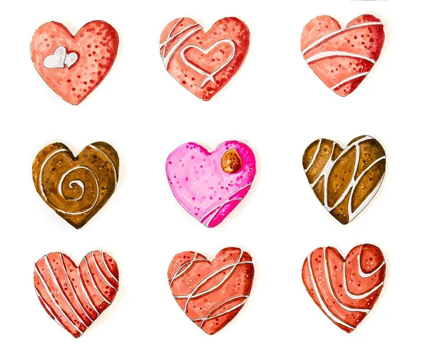 Set Herz Pralinen oder Kekse isoliert auf weißem Hintergrund handgezeichnete Illustration — Stockfoto