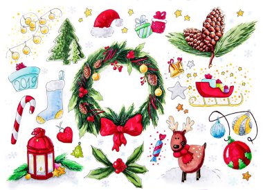 Noel simgeler etiket drawin illüstrasyon izole üzerinde beyaz el ayarla