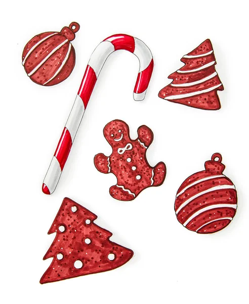 Conjunto de dulces de Navidad pan de jengibre y bastón de caramelo aislado en la ilustración dibujada a mano blanca —  Fotos de Stock