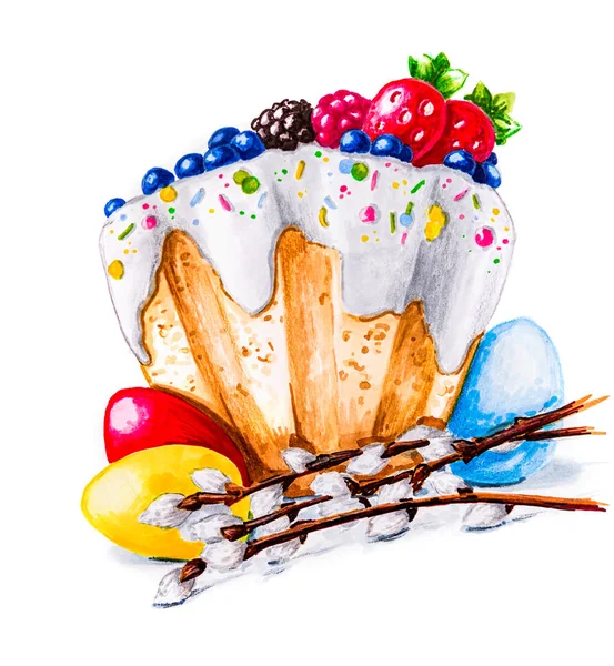 Easter Cake with eggs and willow flowers hand drawn illustration isolated on white — Stock Photo, Image