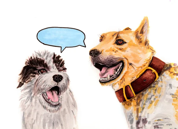 Dois cães engraçados com boca aberta isolada em branco com uma lâmpada para a fala han ilustração desenhada — Fotografia de Stock