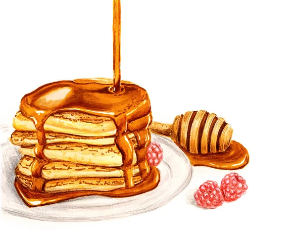Mucchio di frittelle con miele isolato su illustrazione disegnata a mano bianca — Foto Stock