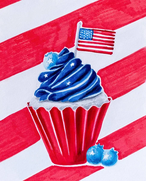 白で隔離クリッピング パスとブルーベリー、星とフラグ手描きイラストでアメリカ国旗の色 decarated に色のおいしいカップケーキ — ストック写真