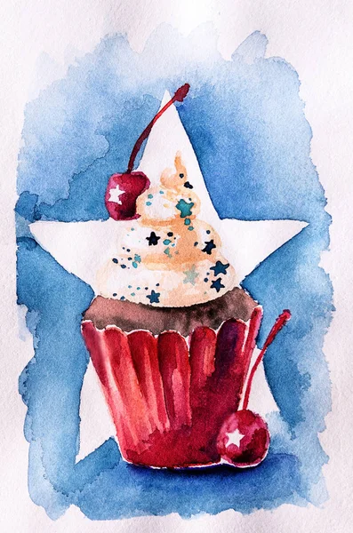 Akwarela cupcake kolorowe flagi amerykańskiej kolory ręcznie rysowane ilustracji ze ścieżką przycinającą. Koncepcja Dzień Niepodległości — Zdjęcie stockowe