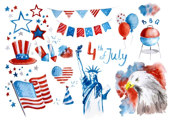 Independence day of the usa set of symbol stickers hand drawn watercolor illustration with clipping path isolated on white — Stock Photo, Image