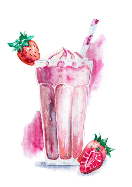 Frullato di fragole in un bicchiere decorato con crema e fragole fresche con acquerello spruzzare sfondo disegnato a mano illustrazione — Foto Stock