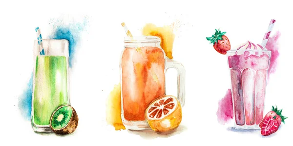 Frullati di frutta o frappè decorati con frutta isolata su illustrazione ad acquerello bianco — Foto Stock