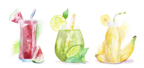 Meyve smoothies veya milkshakes meyve ve içme pipetleri beyaz el çizilmiş suluboya illüstrasyon izole ile süslenmiş