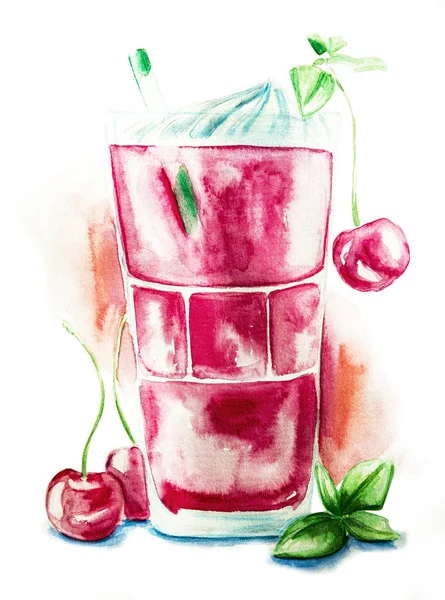 Вишневый коктейль в стакане, украшенном кремом, мятой и питьевой соломой с акварелью брызги на заднем плане нарисованные иллюстрации с вырезкой пути — стоковое фото