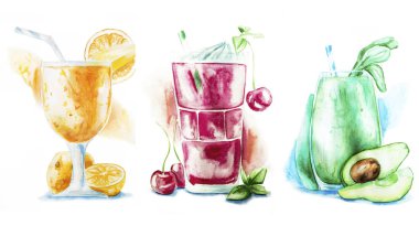 Meyve smoothies veya milkshakes meyve ve içme pipetleri beyaz el çizilmiş suluboya illüstrasyon izole ile süslenmiş