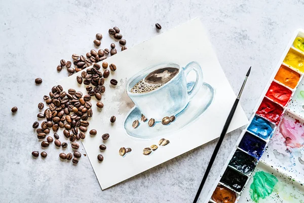 hand drawn cup of coffee decorated with coffee beans and pallete with watercolor and paintbrush