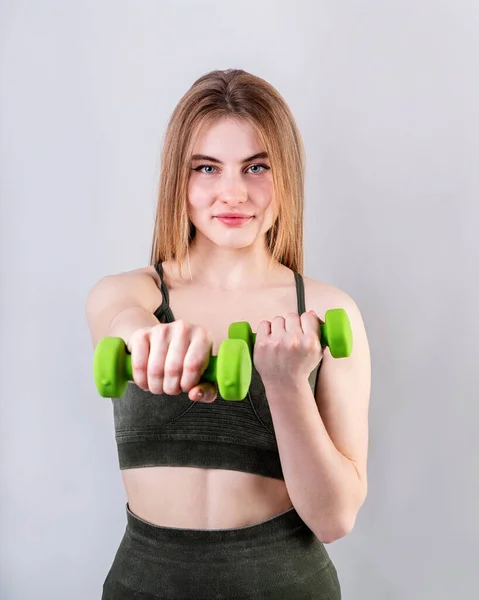 Sports Fitness Young Sportive Woman Doing Exercises Dumbbells Isolated Gray — Stock Photo, Image