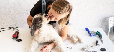 Hayvan bakımı. Blong genç kuaför köpeğini kucaklıyor ve öpüyor. Seçici odak