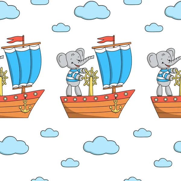 Naadloze Patroon Met Olifant Een Schip Vectorillustratie — Stockvector