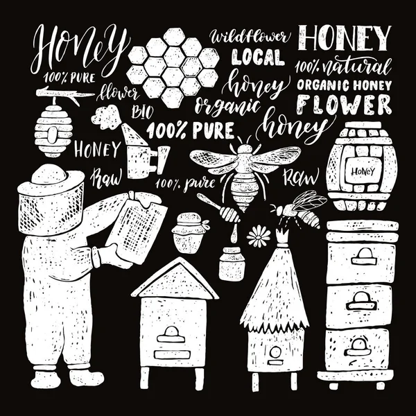 Hand Drawn Honey Set Beehive Honey Honeycomb Bottle Honey Beekeeper — Stock Vector