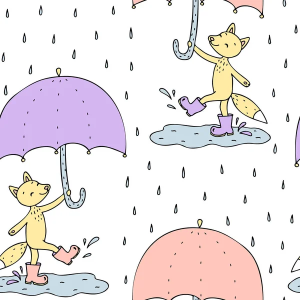 手拉无缝图案与可爱的狐狸与雨伞 — 图库矢量图片