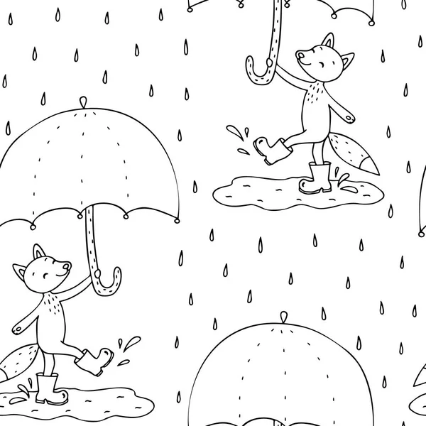 Modèle Sans Couture Dessiné Main Avec Renard Mignon Avec Parapluie — Image vectorielle