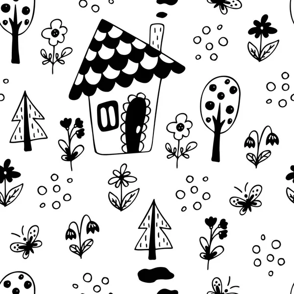 手工绘制的小房子 树木和花卉无缝模式 — 图库矢量图片