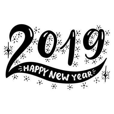 2019 mutlu yeni yıl. Poster elle çizilmiş yazı ile. Vektör çizim.