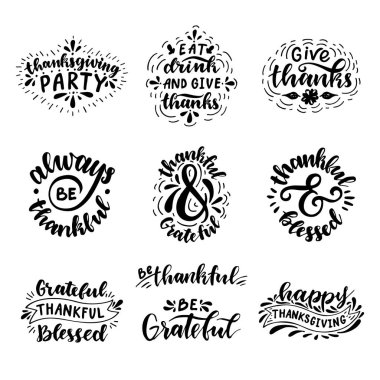 Şükran günün kutlu olsun, müteşekkir ve minnettar, Şükran günü parti, içmek ve vermek teşekkürler, minnettarım. Elle çizilmiş seti.