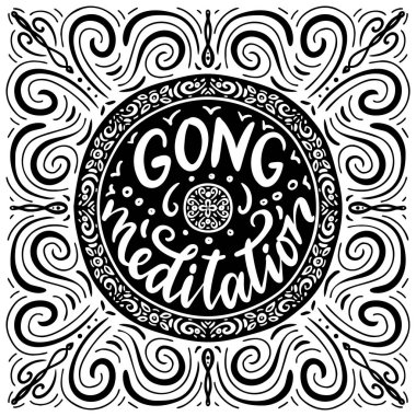 Gong meditasyon. Vektör çizim yazı ile. 