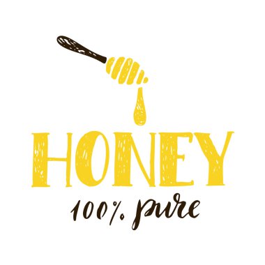 Yazı, kaşık. %100 saf bal. Etiket.
