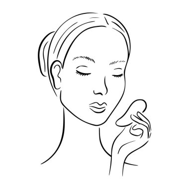 Gua Sha yüz masajı. Kazıyıcılı kadın.