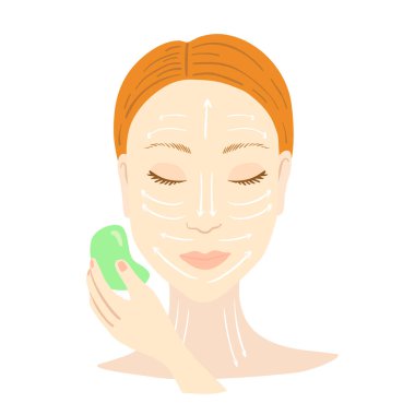 Gua Sha yüz masajı. Kazıyıcılı kadın.
