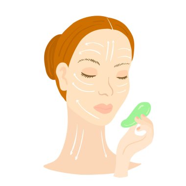Gua Sha yüz masajı. Kazıyıcılı kadın.