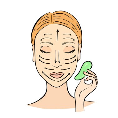 Gua Sha yeşim silindirli kadın.