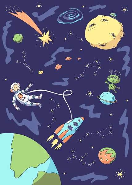 Espacio, astronauta, nave espacial, planetas, luna, alienígena . — Archivo Imágenes Vectoriales