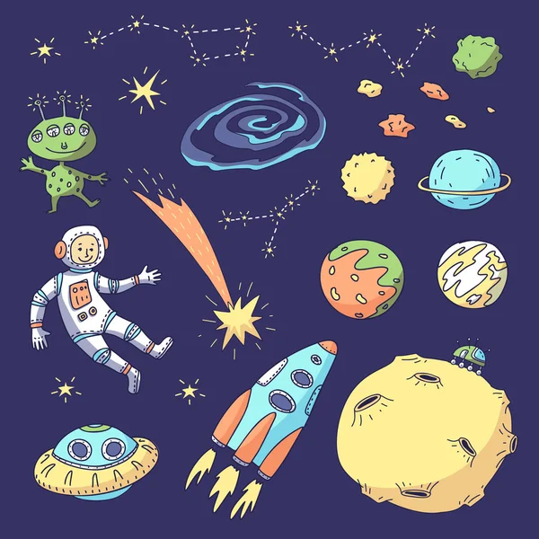 Astronauta, naves espaciales, planetas, luna, alienígenas, constelaciones . — Archivo Imágenes Vectoriales