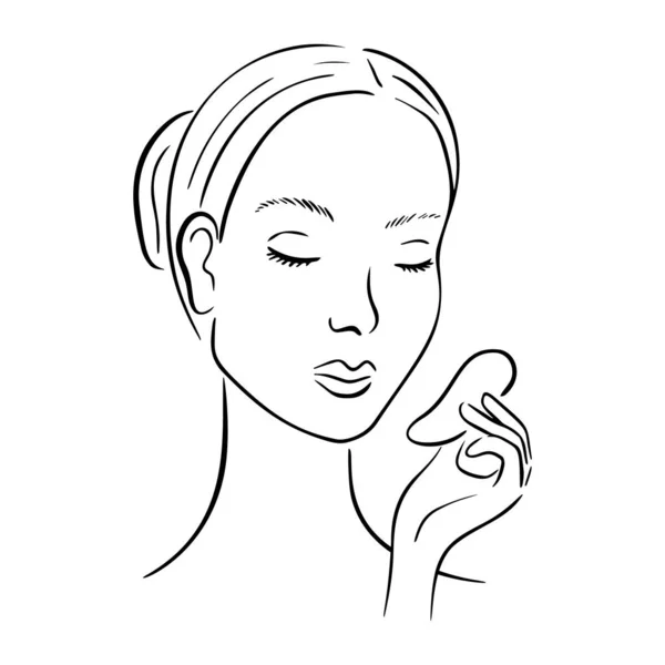 Gua Sha facial massage. Woman with scraper. — Stock Vector