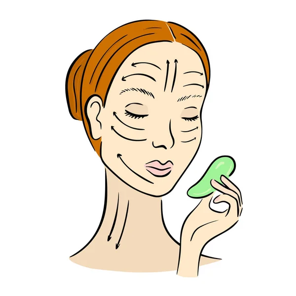 Gua Sha facial massage. Woman with scraper. — Stock Vector