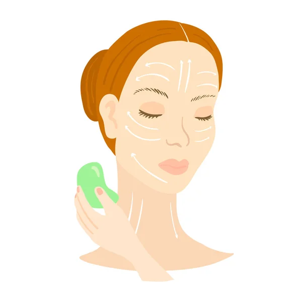 Gua Sha facial massage. Woman with scraper. — Stock Vector