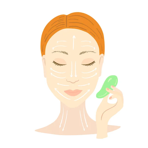 Woman with Gua Sha jade roller. — Stock Vector