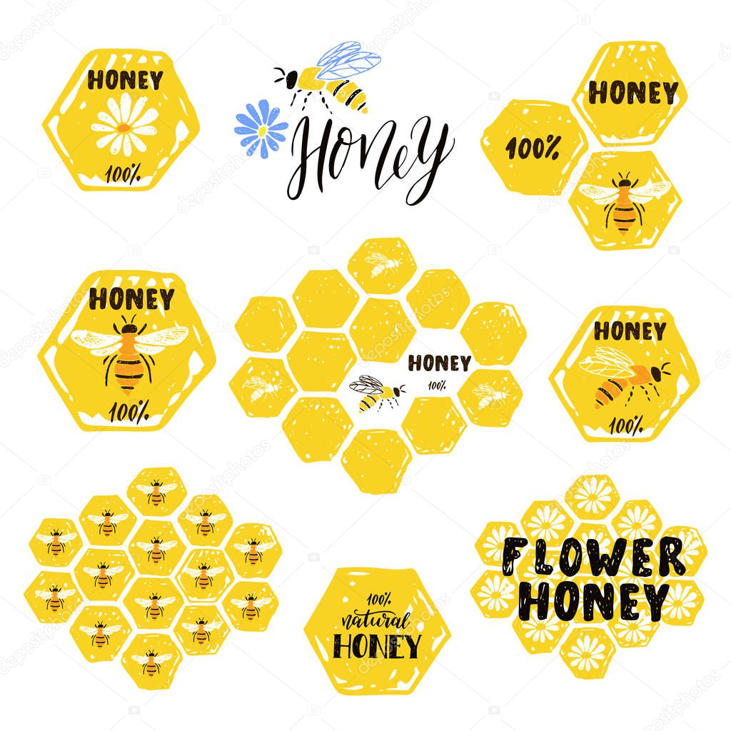 Set of honey labels, badges and design elements.