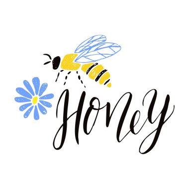 Yazı ile Bal etiketi, arı, çiçek.